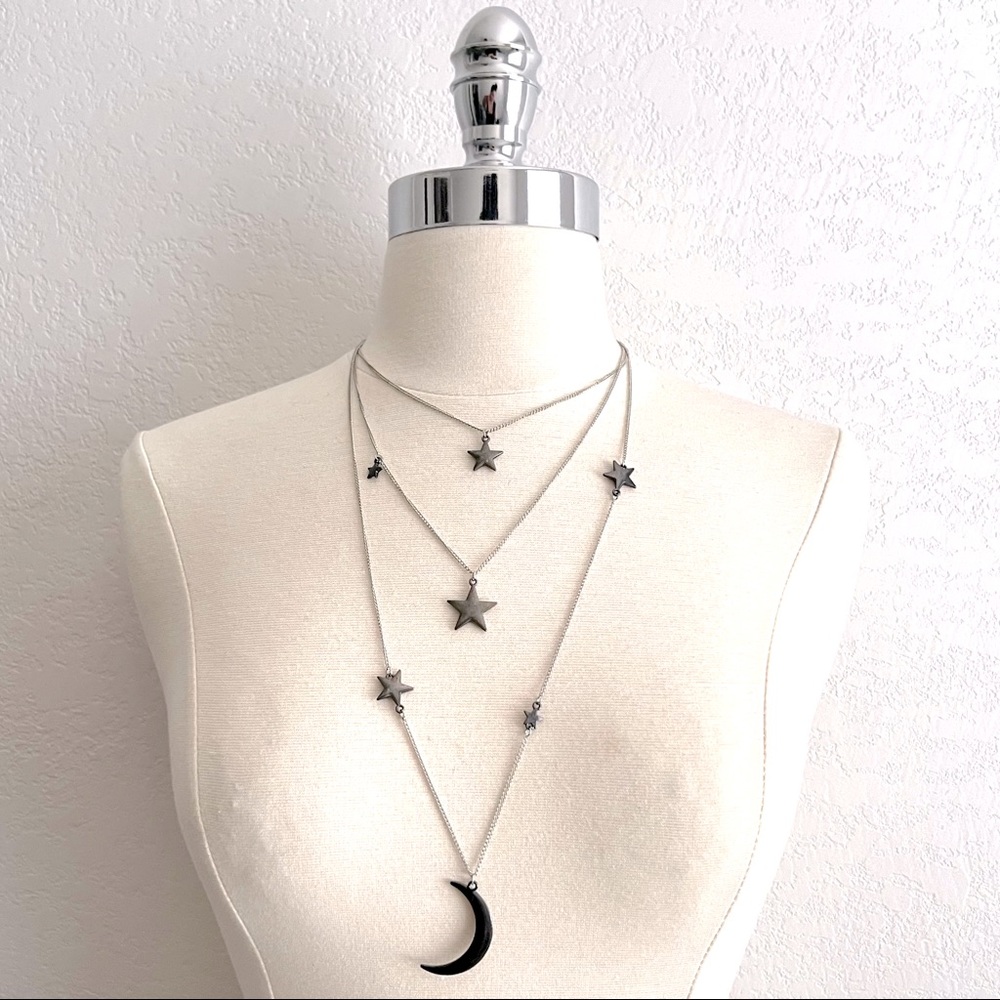 Silver Star And Moon Layered Necklace